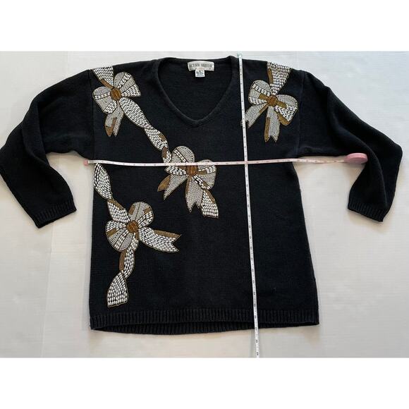 VTG Victoria Harbour Black Beaded V-Neck Holiday Sweater Gold Silver Bows M - Picture 6 of 10